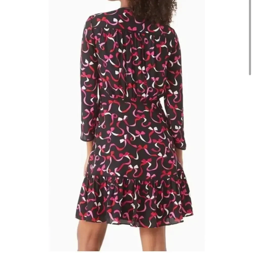 Kate Spade black red pink ribbon bow v neck dress size 4